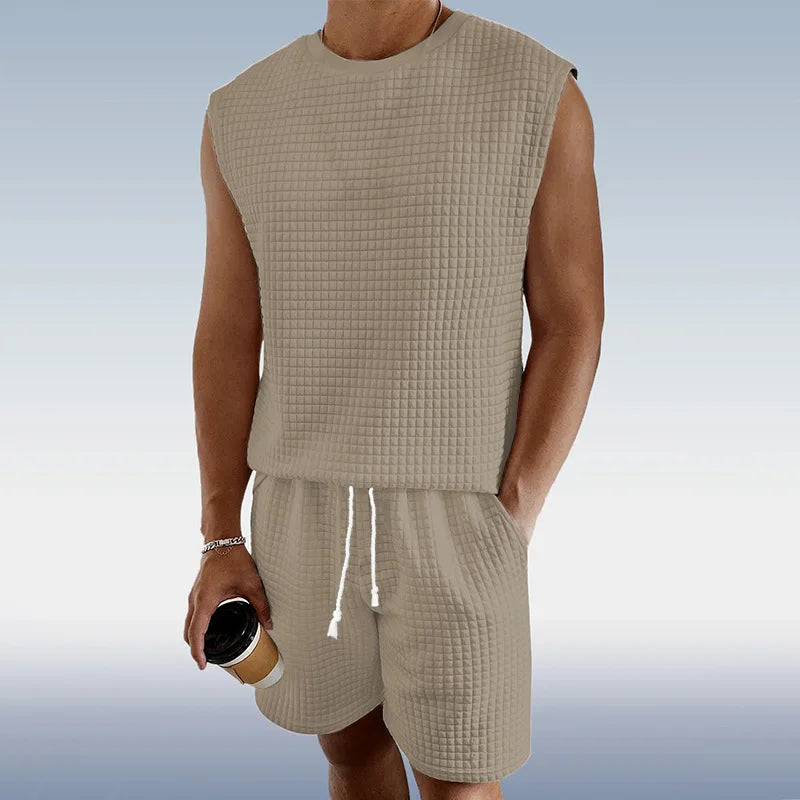 Männer Kurze Sets Casual Oansatz Ärmellose Waffel Westen Tops & Hohe Elastische Taille Kordelzug Breite Bein kurze Anzüge CBFS-2447